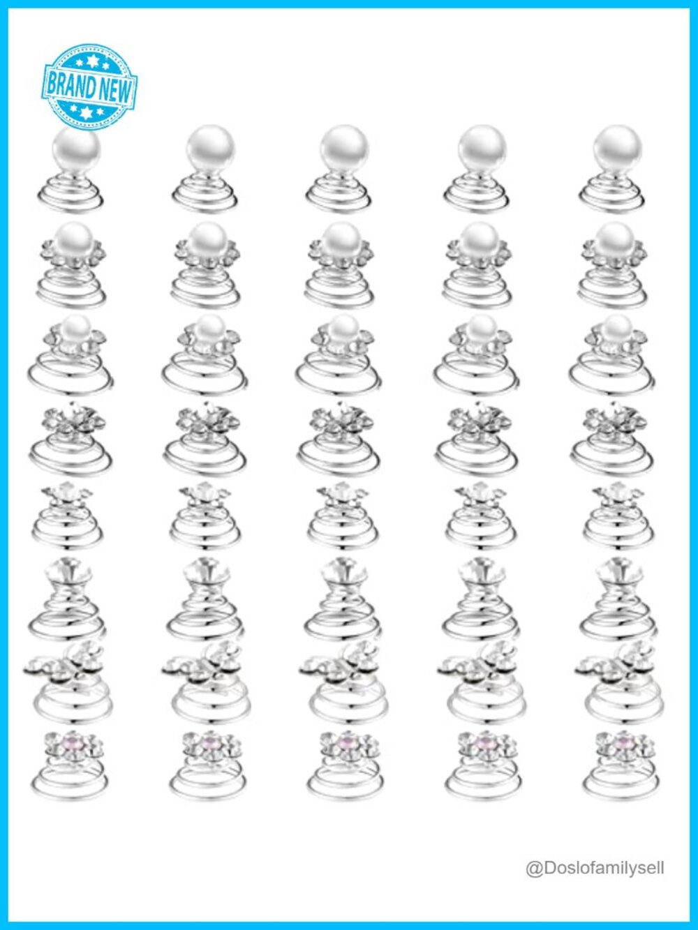 40 Pc Rhinestone Crystal Spiral Hair Pins Twisters Set Silver Coils 8 Styles